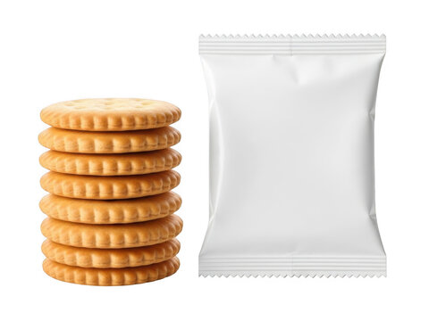 Stack of round crackers and a blank white snack food packaging pouch isolated on transparent background