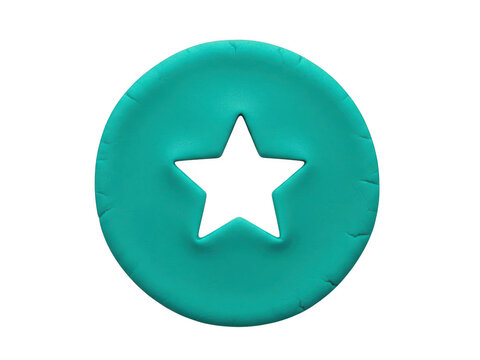 Teal circular button with a star shape cutout in the center isolated on transparent background