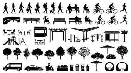 Naklejka premium Urban Streetscape Park Furniture Trees and Activity Vector Silhouettes Set 