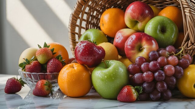 Fresh colorful assorted fruits spilled from a woven wicker basket onto a white marble surface capturing vibrant natural light shadows