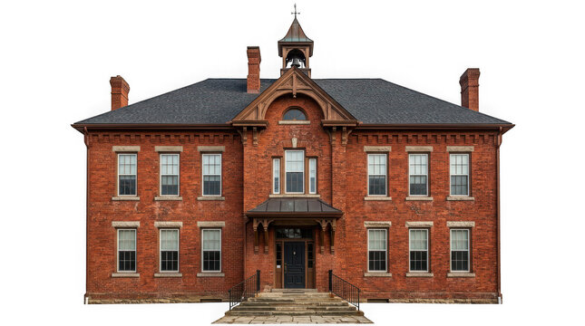 Old red brick schoolhouse building isolated on transparent background