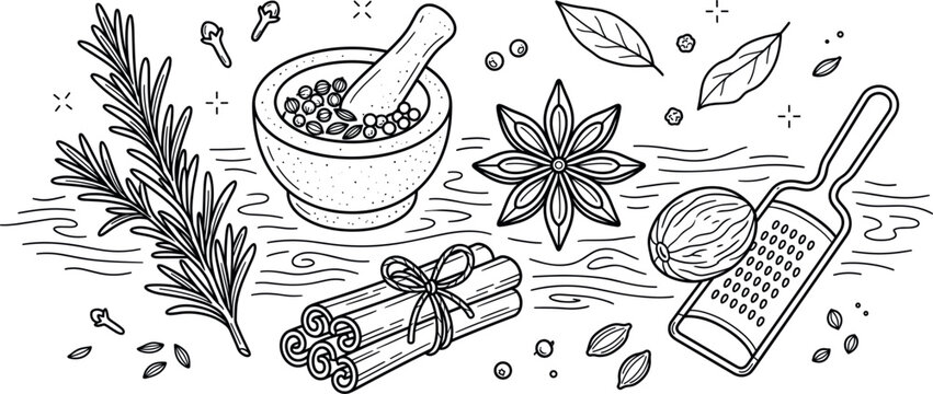 Aromatic spices collection line art vector illustration with mortar pestle cinnamon stick rosemary star anise nutmeg and grater.