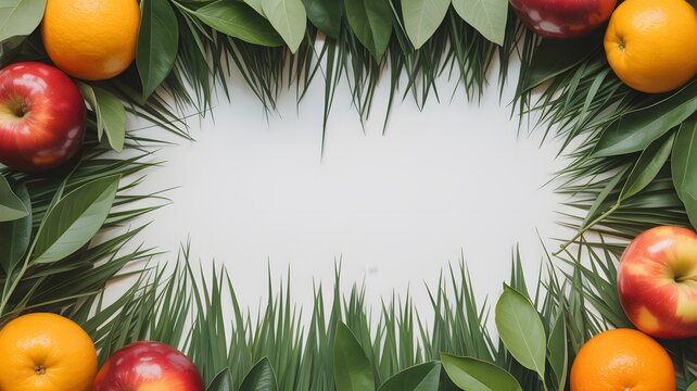 Fresh organic apples and bright oranges arranged around lush green tropical leaves creating a natural frame on white studio background