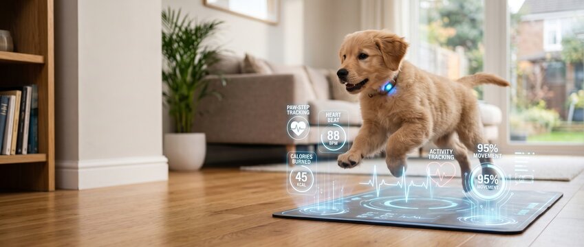 Golden retriever dog running on smart interactive mat with digital tracking technology at home