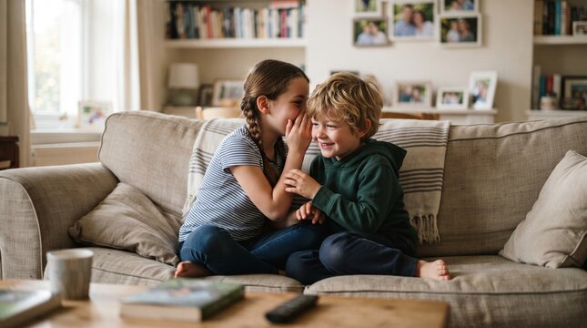 Two young siblings sharing a secret while sitting on a comfortable sofa in a cozy living room