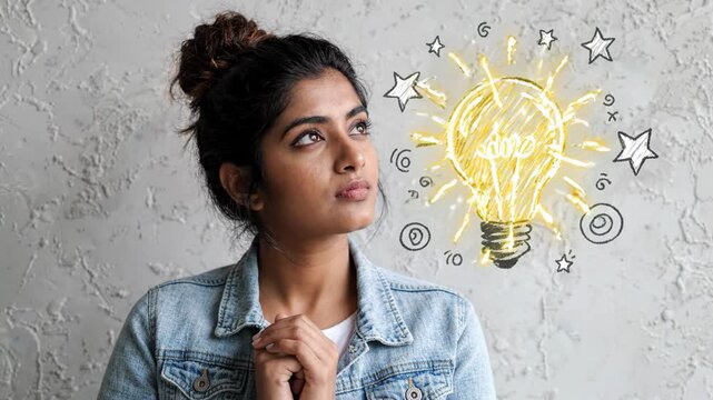Innovative Young Woman Contemplating with a Bright Idea Light Bulb Animation Showcasing Creative Problem Solving and Inspiration