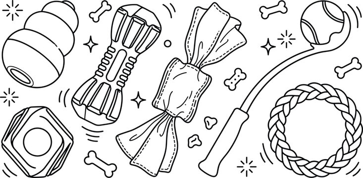 Dog chew toy line art vector element set featuring launcher rubber bone rope ring candy and treat dispenser