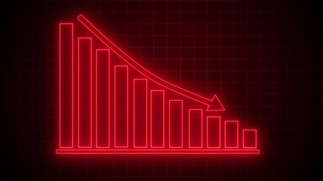 Neon declining bar chart with down arrow animation on black background