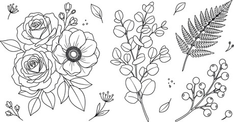 Elegant floral rose bouquet and eucalyptus branch collection line art vector illustration with anemone berry and fern icons. © Md