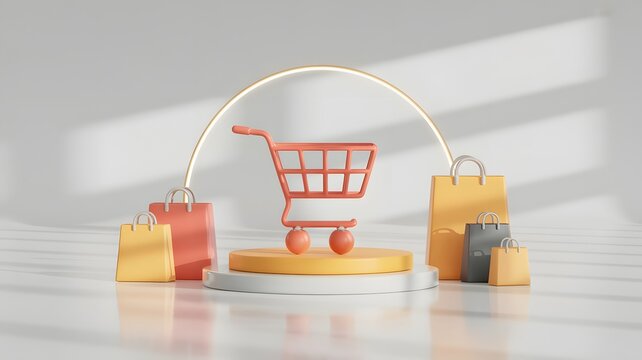 Orange shopping cart standing on a yellow circular pedestal surrounded by colorful paper bags in a soft modern studio environment