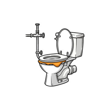 Simple line art illustration of a ceramic toilet with external metal pipes and an orange fluid leak