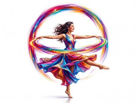 Colorful ribbon swirl woman dancing - surreal color explosion art