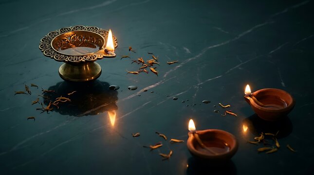 Lit clay oil lamps called diyas flickering in darkness with traditional ceremony deepavali festival hinduism