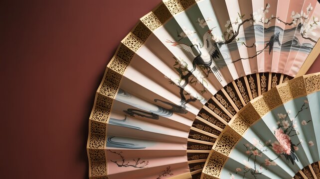 Elegant decorative folding fans featuring intricate crane illustrations and soft pastel cherry blossom designs on a rich dark burgundy background