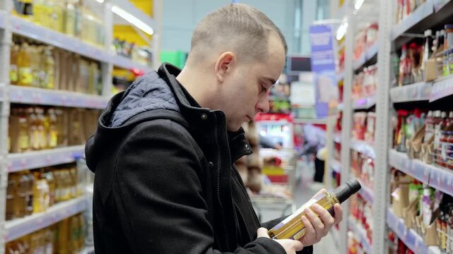 Young male shopper comparing cooking oil brands, reading nutrition labels, carefully selecting best product, evaluating ingredients and pricing in grocery store aisle