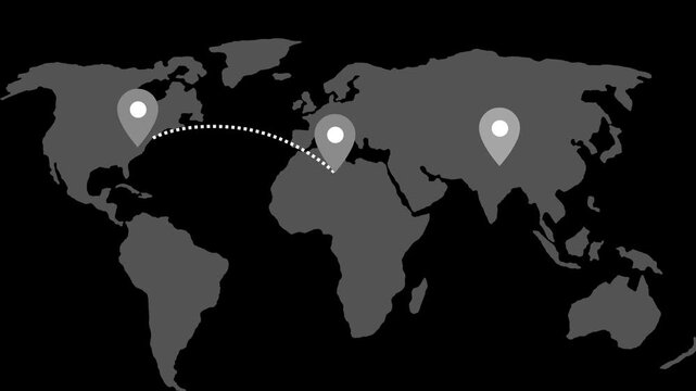 Global flight route on world map with location pins animation