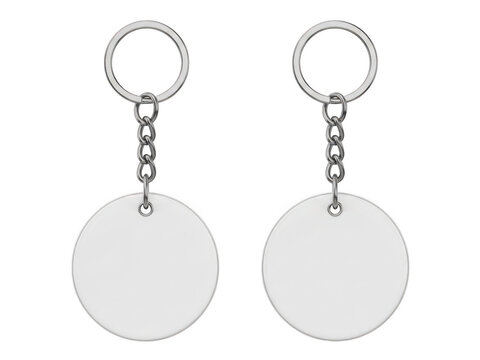 Two round metal keychains with silver rings isolated on a white background isolated on transparent background