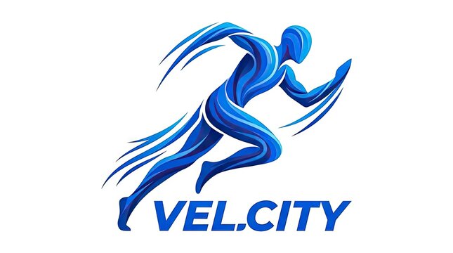 Blue dynamic running figure logo for velocity branding.