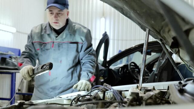 Professional mechanic checking vehicle engine compartment, using flashlight for precise diagnostic evaluation in modern automotive repair workshop