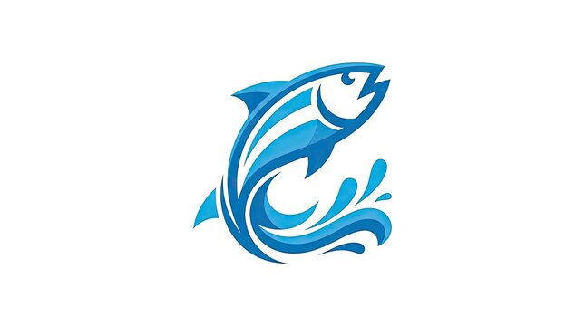 Blue jumping fish logo with splashing water waves.