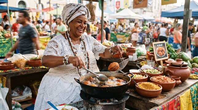 Smiling Woman Cooking Acaraje At A Vibrant Outdoor Food Market