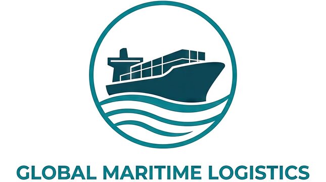 Global maritime logistics logo with cargo ship and waves.