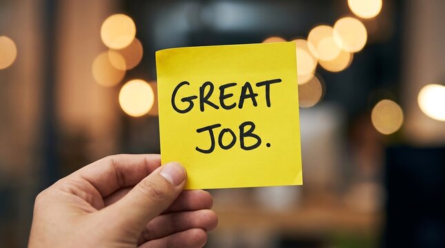 Great Job message on yellow sticky note, hand holding positive feedback reminder, employee appreciation and recognition concept in office