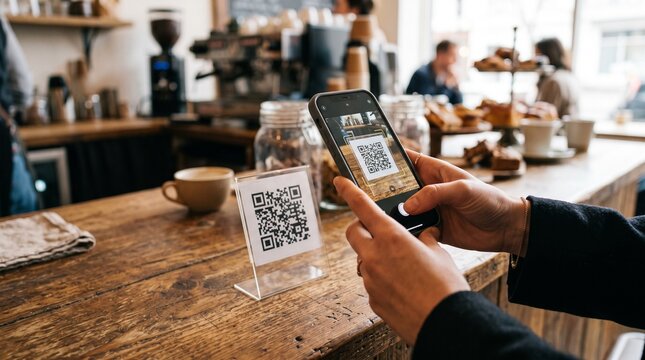 Customer scans QR code with smartphone at coffee shop counter for contactless payment or information