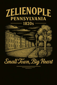 Vintage engraving depicts a charming 1820s Zelienople, Pennsylvania street scene with historic architecture, a street lamp, and mature trees under a cloudy sky, evoking nostalgic small-town