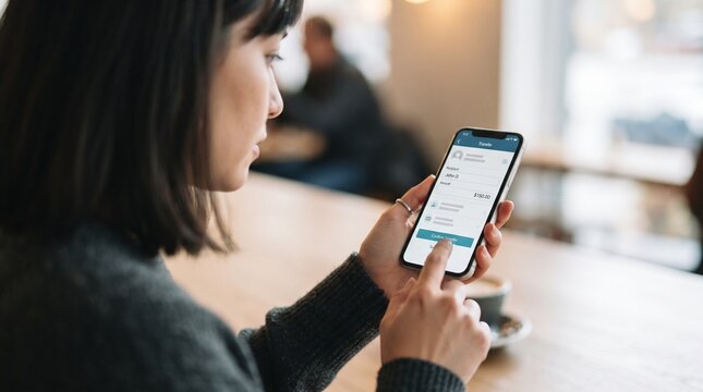 Young woman using mobile banking app on smartphone to confirm a money transfer in a cafe