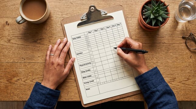 Person tracking daily habits and wellness goals on a checklist at a wooden desk