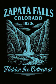 Discover Zapata Falls in Colorado, a breathtaking 'Hidden Ice Cathedral' featuring cascading water amidst rugged mountain scenery, evoking a timeless 1920s era aesthetic with its distinctive