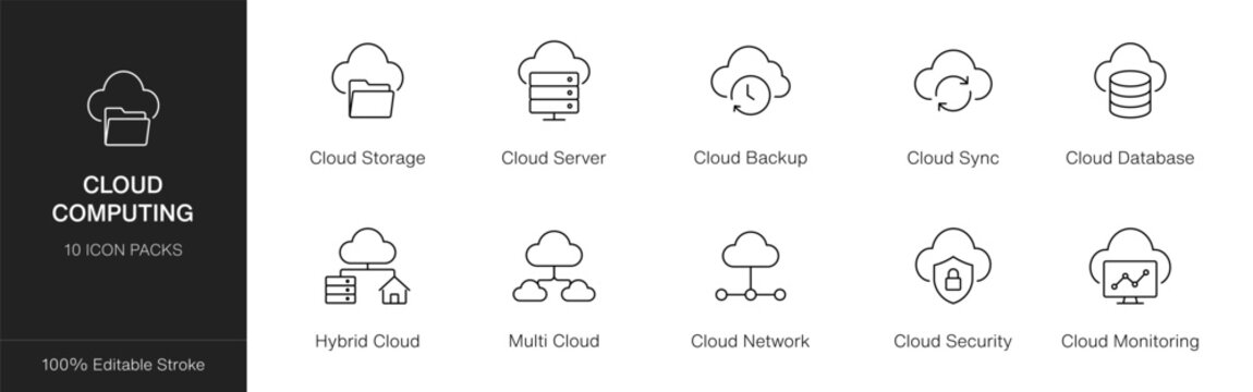 Cloud Computing outline icon set representing storage backup sync database security network monitoring and hybrid multi cloud solutions