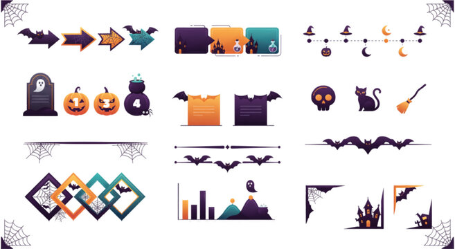 Modern Halloween Decorative Element Collection Featuring Spooky Frames, Symbols and Labels Vector Set Illustration