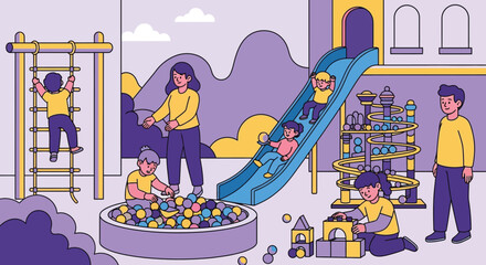 A colorful playground scene depicts children playing supervised by adults with various toys