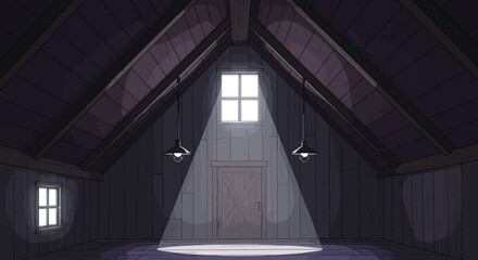 An illustrated attic space features a central doorway illuminated by a bright overhead light source © grvect02