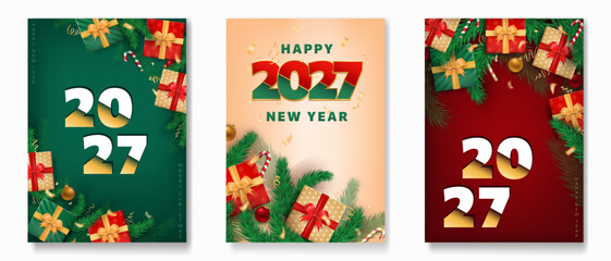 Fototapeta premium Set of 2027 greeting cards with 3d realistic wrapped gifts, golden confetti, candy canes and pine branches on beige, red, green background. Holiday vertical banners. Merry Christmas and Happy New Year