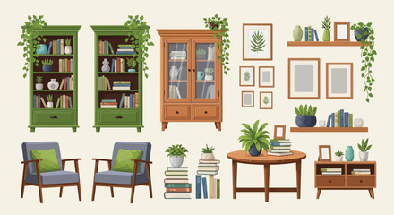 A cozy illustrated living space featuring bookshelves seating and various decorative plants high quality © grvect02