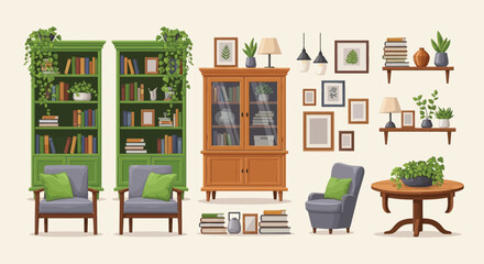 A cozy illustrated living room scene featuring bookshelves seating and decorative plants high quality © grvect02