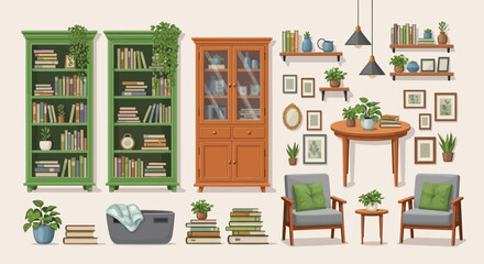 An illustrated interior scene featuring bookshelves cabinets chairs and decorative plant life high quality © grvect02