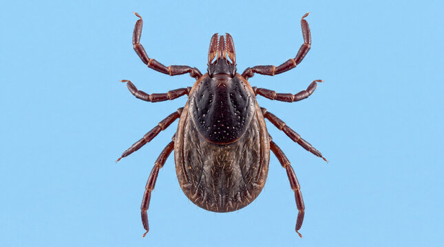 A brown and black tick is isolated on a light blue background, viewed from above. Concept of insect pest, disease carrier, parasite danger, nature macro.