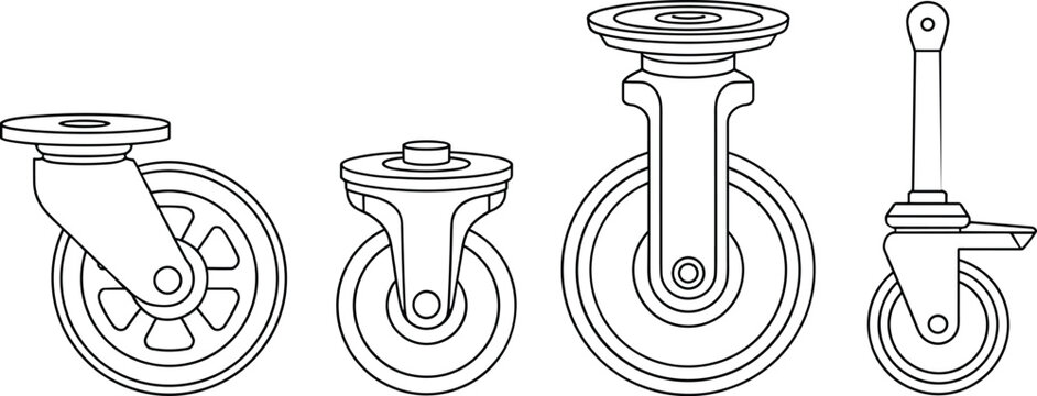 Industrial furniture caster wheels set with heavy duty swiveling rollers mounting plates hardware mechanical trolley equipment symbols