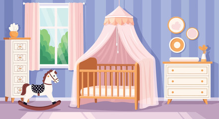 A cheerfully decorated baby s nursery features a canopy bed rocking horse and pastel blue walls