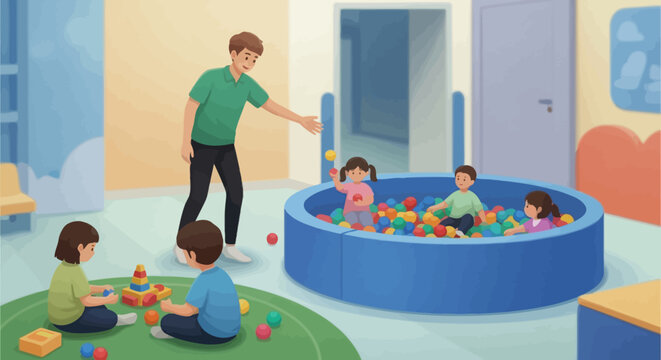 A male caregiver interacts with young children playing in a colorful ball pit indoors