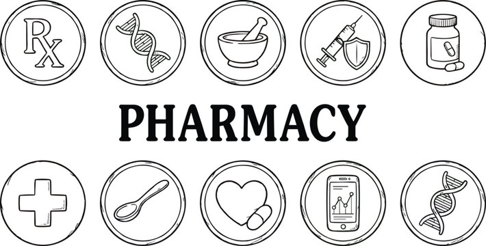 Pharmacy medical line icons set featuring rx prescription dna bottle syringe mortar and pestle round symbols collection