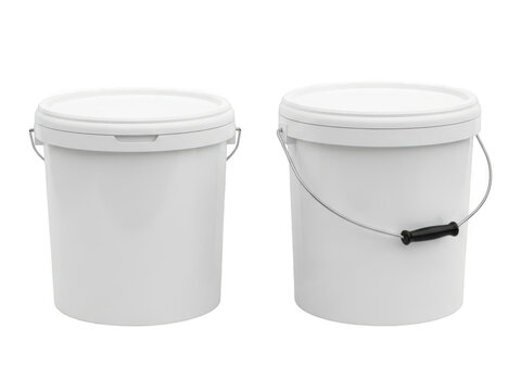 Two white plastic buckets with lids for paint or chemical storage isolated on transparent background