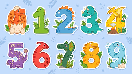 Set of cute colorful dinosaur themed numbers from zero to nine featuring friendly prehistoric creatures for educational kids school design © Ninal