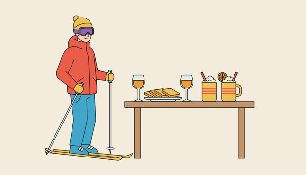 Skier in full winter gear stands near a table set with wine, toast, and hot drinks, enjoying the apres ski resort lifestyle during a mountain vacation.