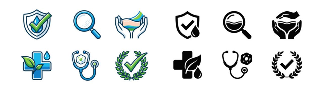 Set of dermatologically tested icons with shield magnifying glass hands skin cross stethoscope and wreath in color and silhouette styles