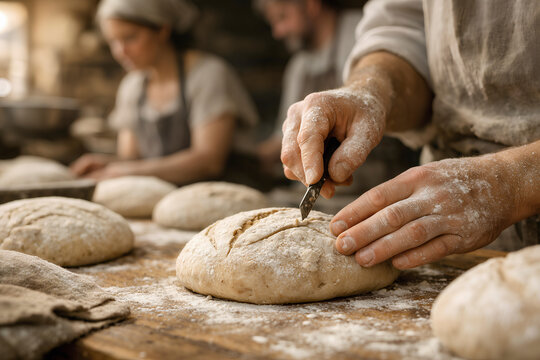 Baker scoring bread dough with a blade on a flour covered worktable